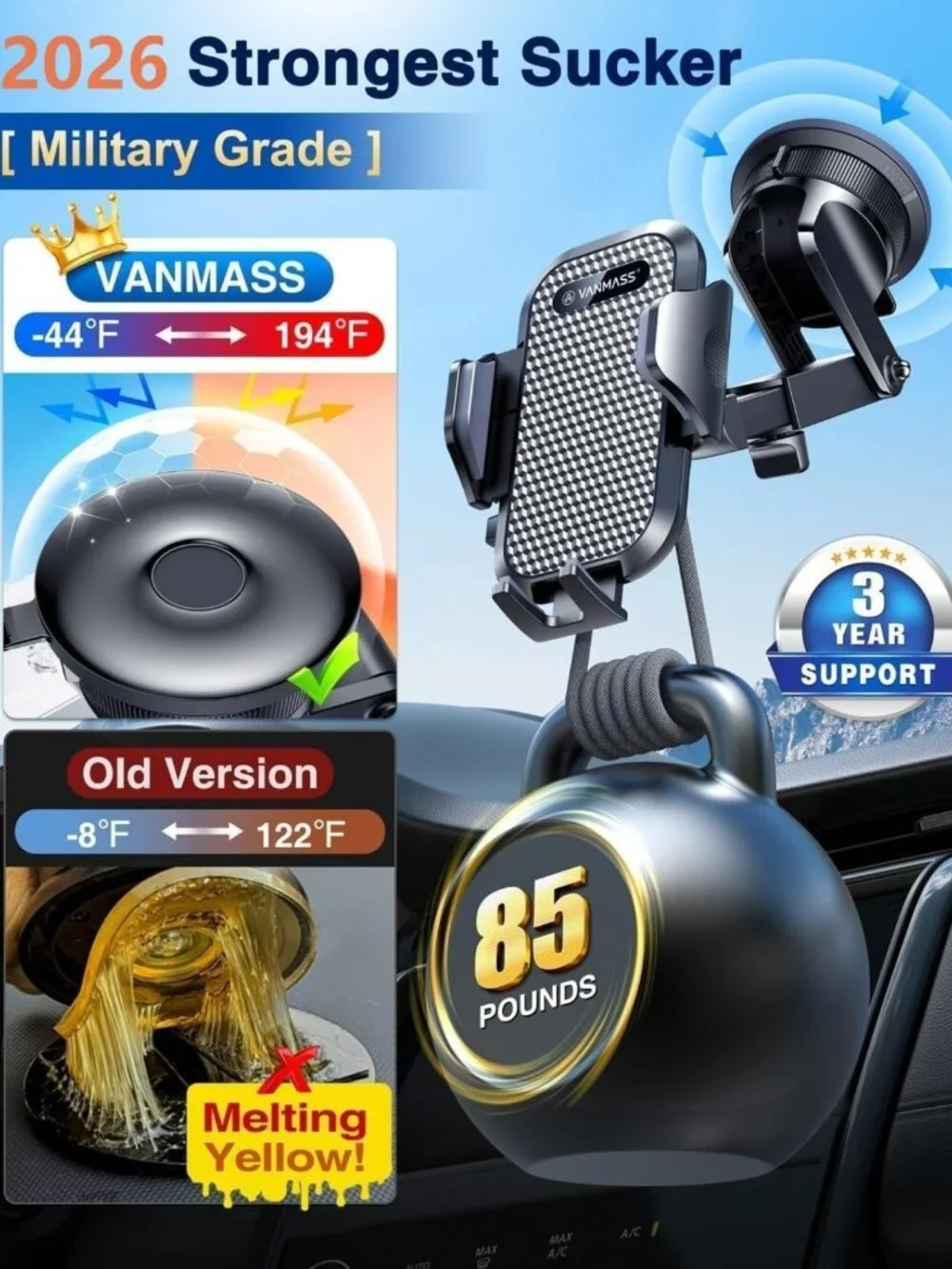 Military-Grade Car Phone Holder - Strong Suction & Clip Mount for Dashboard